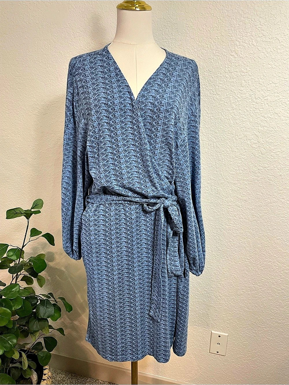 Oscar de la Renta Pink Label Blue Print Wrap Robe Lounger L XL